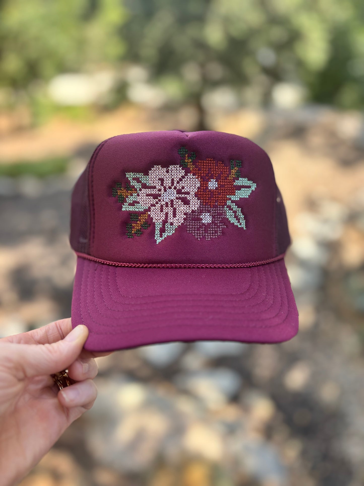 Cross Stitch Flower Trucker