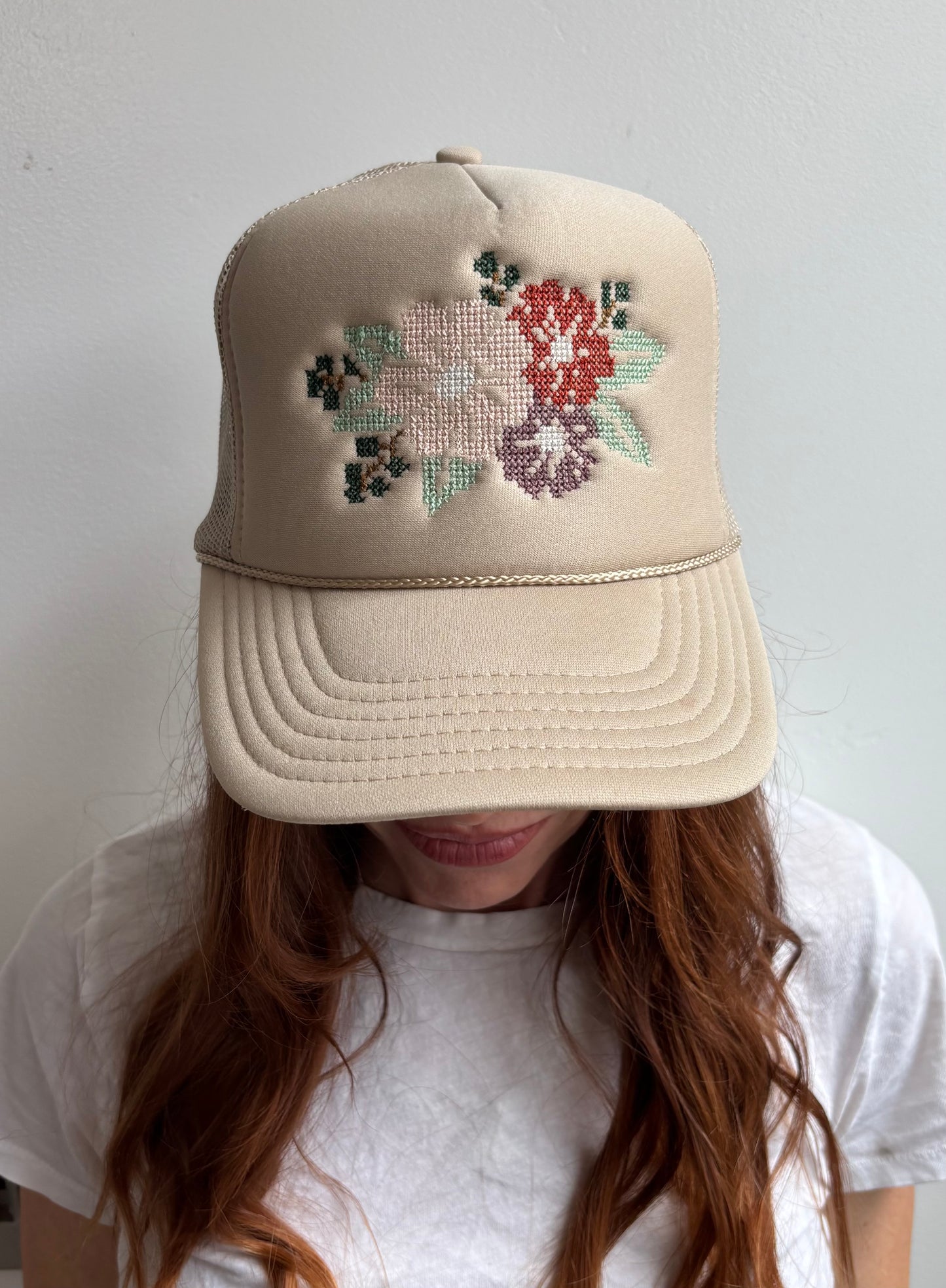 Cross Stitch Flower Trucker