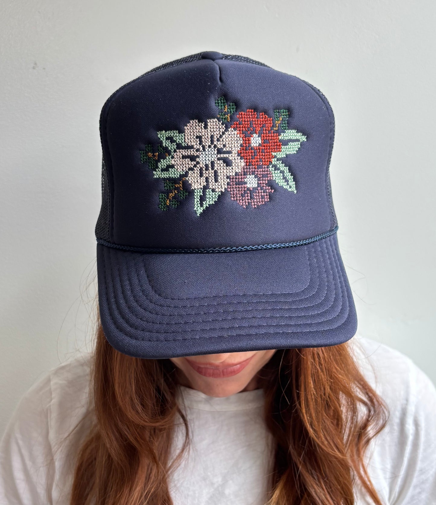 Cross Stitch Flower Trucker