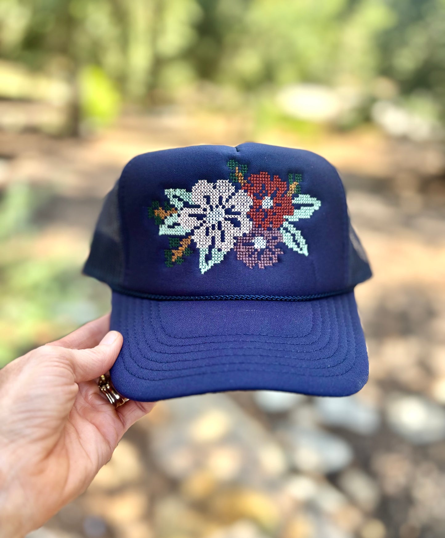 Cross Stitch Flower Trucker