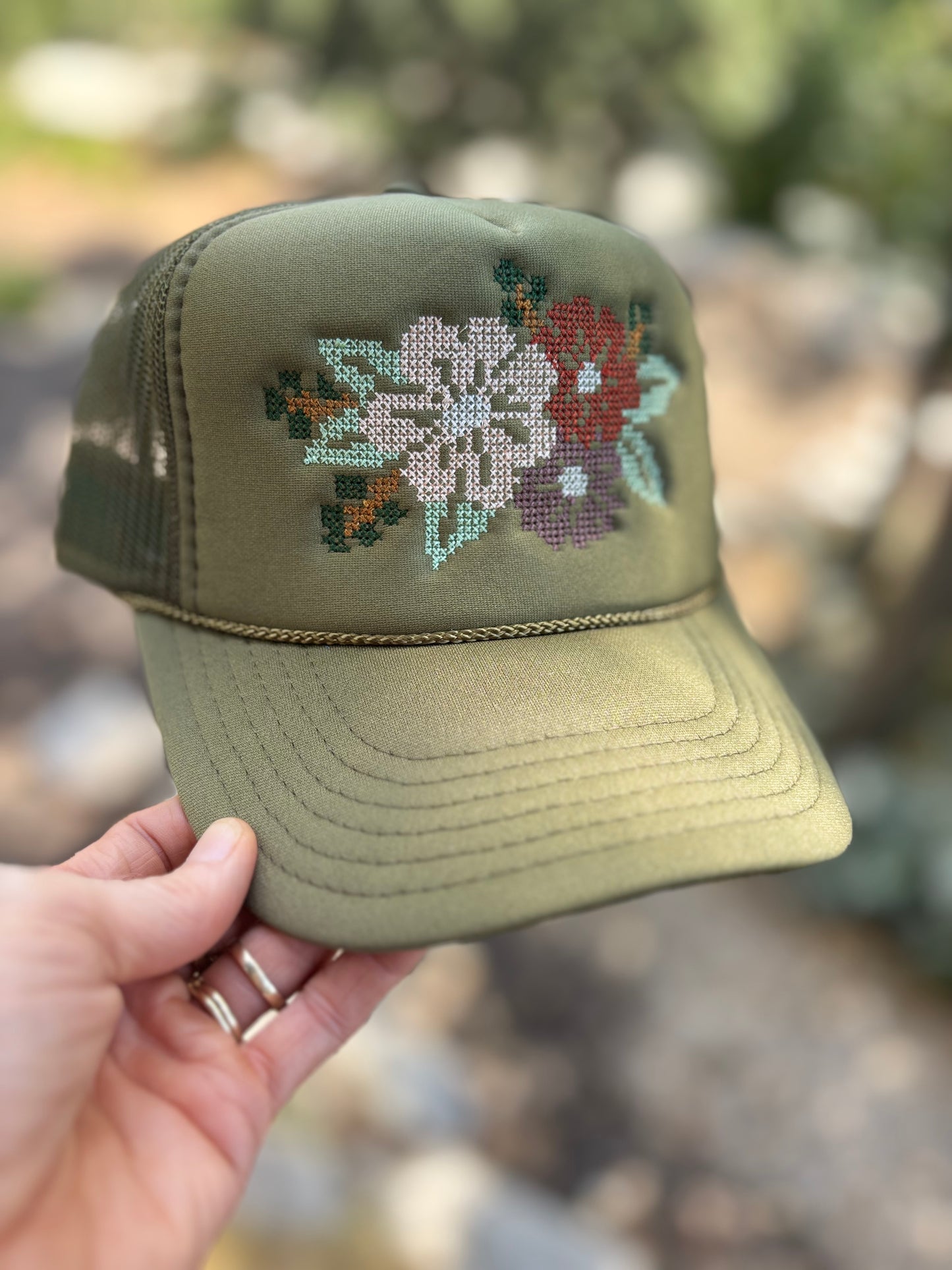 Cross Stitch Flower Trucker