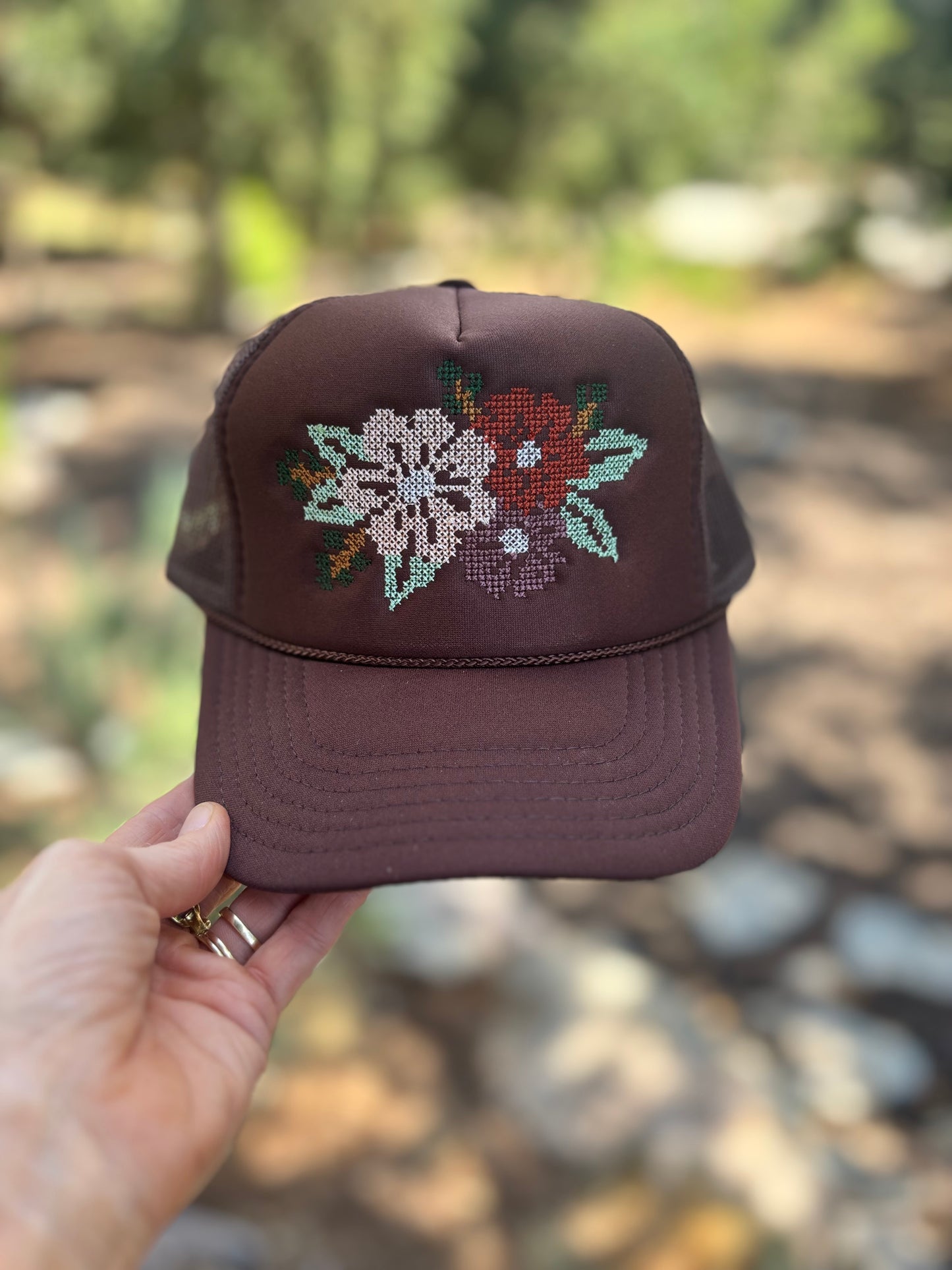 Cross Stitch Flower Trucker