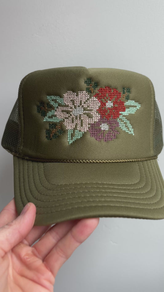 Cross Stitch Flower Trucker